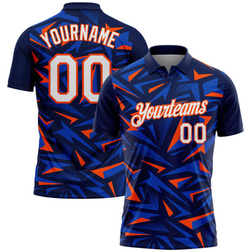Custom Navy White Thunder Blue-Orange Cyber Mecha E-sport Geometric Shards Spike Performance Polo Shirt