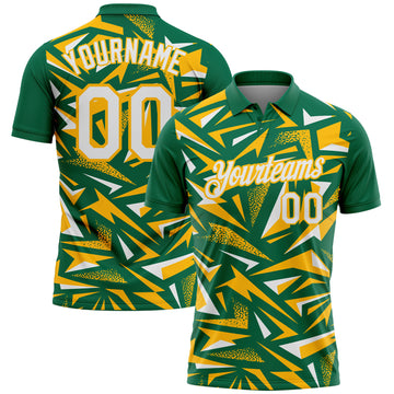 Custom Kelly Green White-Gold Cyber Mecha E-sport Geometric Shards Spike Performance Polo Shirt
