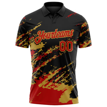 Custom Black Red-Old Gold Brush Stroke Shatter Splatter Performance Polo Shirt