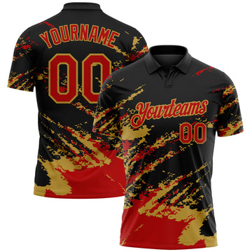 Custom Black Red-Old Gold Brush Stroke Shatter Splatter Performance Polo Shirt