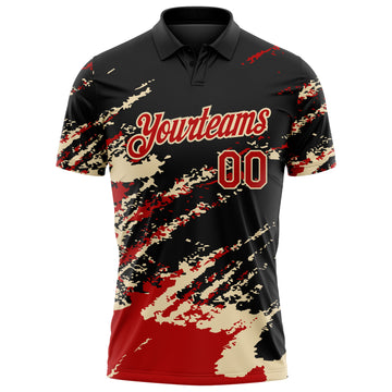 Custom Black Red-Cream Brush Stroke Shatter Splatter Performance Polo Shirt