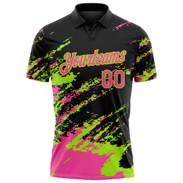Custom Black Pink-Neon Green Brush Stroke Shatter Splatter Performance Polo Shirt