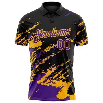 Custom Black Purple-Gold Brush Stroke Shatter Splatter Performance Polo Shirt