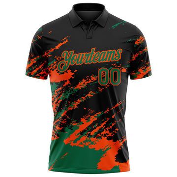 Custom Black Kelly Green-Orange Brush Stroke Shatter Splatter Performance Polo Shirt