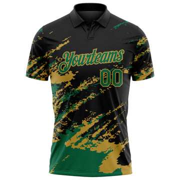Custom Black Kelly Green-Old Gold Brush Stroke Shatter Splatter Performance Polo Shirt