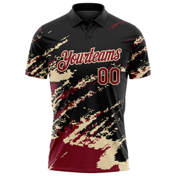 Custom Black Crimson-Cream Brush Stroke Shatter Splatter Performance Polo Shirt