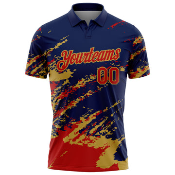 Custom Navy Red-Old Gold Brush Stroke Shatter Splatter Performance Polo Shirt