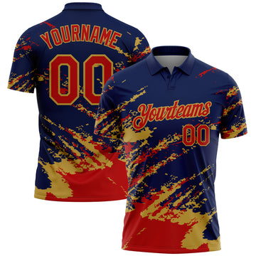 Custom Navy Red-Old Gold Brush Stroke Shatter Splatter Performance Polo Shirt