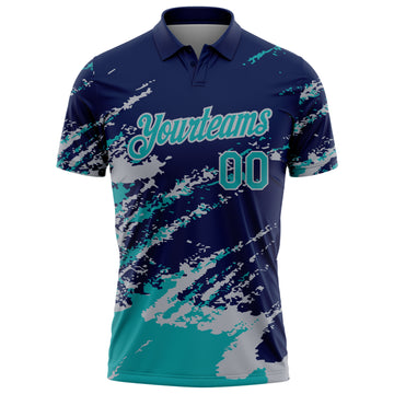 Custom Navy Teal-Gray Brush Stroke Shatter Splatter Performance Polo Shirt