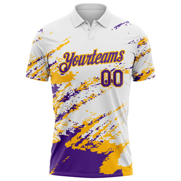Custom White Purple-Gold Brush Stroke Shatter Splatter Performance Polo Shirt