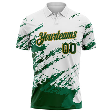 Custom White Green Kelly Green-Old Gold Brush Stroke Shatter Splatter Performance Polo Shirt