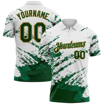 Custom White Green Kelly Green-Old Gold Brush Stroke Shatter Splatter Performance Polo Shirt