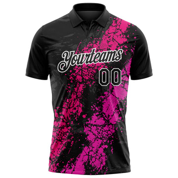Custom Black Hot Pink Deep Pink-White Dripping Splatter Cracked Texture Performance Polo Shirt