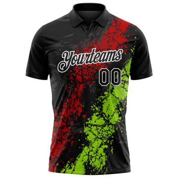 Custom Black Red Neon Green-White Dripping Splatter Cracked Texture Performance Polo Shirt