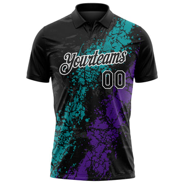 Custom Black Teal Purple-White Dripping Splatter Cracked Texture Performance Polo Shirt