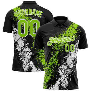 Custom Black Neon Green-White Dripping Splatter Cracked Texture Performance Polo Shirt