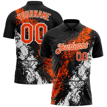 Custom Black Orange-White Dripping Splatter Cracked Texture Performance Polo Shirt