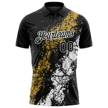 Custom Black Old Gold-White Dripping Splatter Cracked Texture Performance Polo Shirt