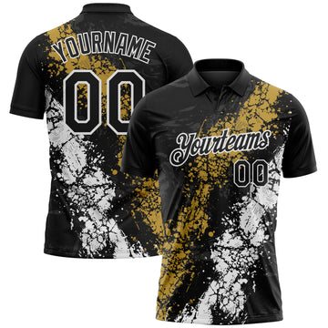 Custom Black Old Gold-White Dripping Splatter Cracked Texture Performance Polo Shirt