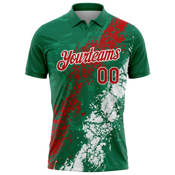 Custom Kelly Green Red-White Dripping Splatter Cracked Texture Performance Polo Shirt