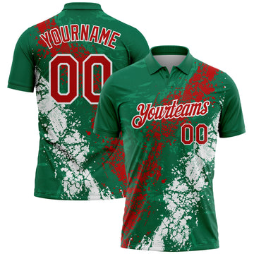 Custom Kelly Green Red-White Dripping Splatter Cracked Texture Performance Polo Shirt