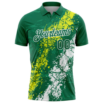 Custom Kelly Green Neon Yellow-White Dripping Splatter Cracked Texture Performance Polo Shirt