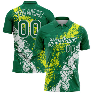 Custom Kelly Green Neon Yellow-White Dripping Splatter Cracked Texture Performance Polo Shirt