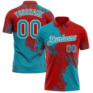 Custom Red Teal-White Distressed Scratch Brush Stroke Performance Polo Shirt