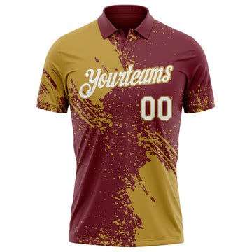 Custom Burgundy White-Old Gold Distressed Scratch Brush Stroke Performance Polo Shirt