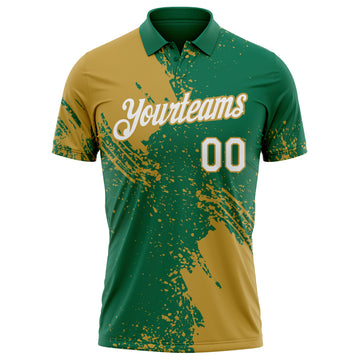 Custom Kelly Green White-Old Gold Distressed Scratch Brush Stroke Performance Polo Shirt