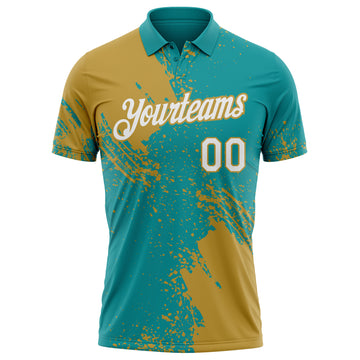 Custom Teal White-Old Gold Distressed Scratch Brush Stroke Performance Polo Shirt
