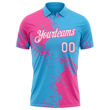 Custom Sky Blue White-Pink Distressed Scratch Brush Stroke Performance Polo Shirt