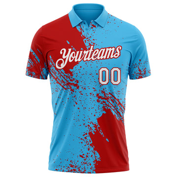 Custom Sky Blue White-Red Distressed Scratch Brush Stroke Performance Polo Shirt