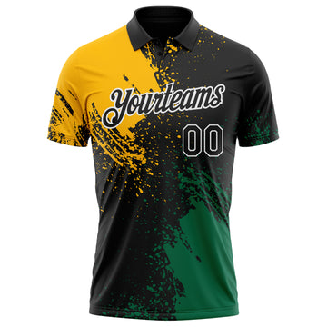 Custom Black Gold Kelly Green-White Distressed Scratch Brush Stroke Performance Polo Shirt