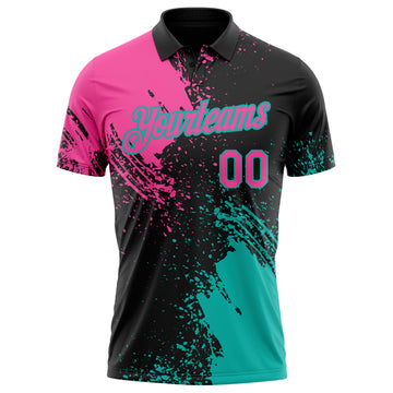 Custom Black Pink-Aqua Distressed Scratch Brush Stroke Performance Polo Shirt