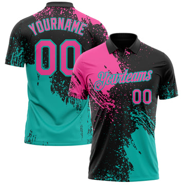 Custom Black Pink-Aqua Distressed Scratch Brush Stroke Performance Polo Shirt
