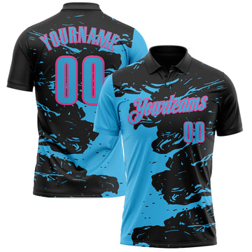 Custom Black Sky Blue-Pink Fluid Paint Splash Performance Polo Shirt