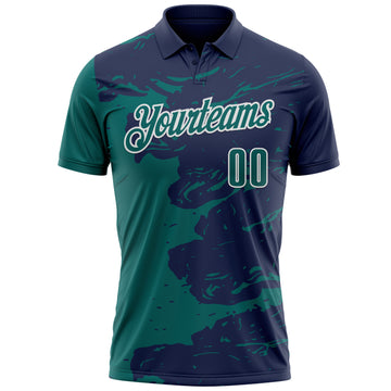 Custom Navy Teal-White Fluid Paint Splash Performance Polo Shirt