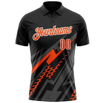 Custom Black Orange Gray-White Lightning Geometric Performance Polo Shirt