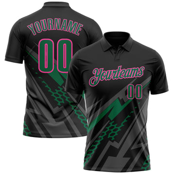 Custom Black Kelly Green Gray-Pink Lightning Geometric Performance Polo Shirt