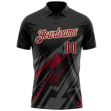 Custom Black Crimson Gray-Cream Lightning Geometric Performance Polo Shirt