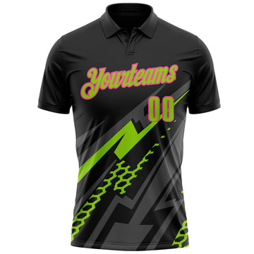 Custom Black Neon Green Gray-Pink Lightning Geometric Performance Polo Shirt
