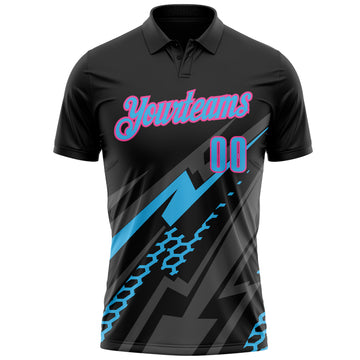 Custom Black Sky Blue Gray-Pink Lightning Geometric Performance Polo Shirt
