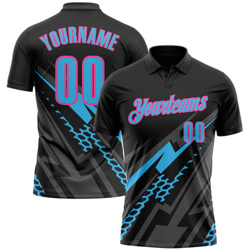 Custom Black Sky Blue Gray-Pink Lightning Geometric Performance Polo Shirt