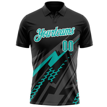 Custom Black Aqua Gray-White Lightning Geometric Performance Polo Shirt