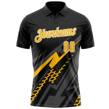 Custom Black Gold Gray-White Lightning Geometric Performance Polo Shirt