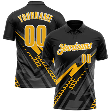 Custom Black Gold Gray-White Lightning Geometric Performance Polo Shirt