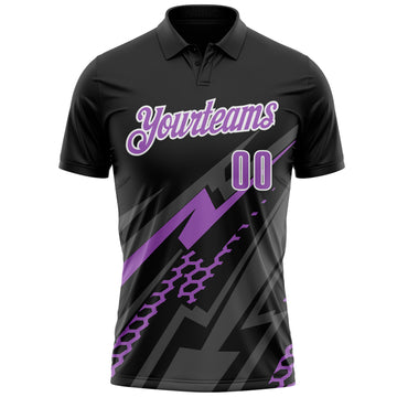 Custom Black Medium Purple Gray-White Lightning Geometric Performance Polo Shirt
