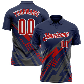 Custom Navy Red Gray-White Lightning Geometric Performance Polo Shirt