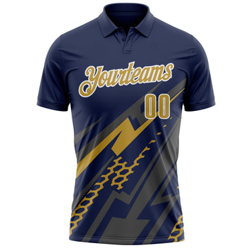 Custom Navy Old Gold Gray-White Lightning Geometric Performance Polo Shirt